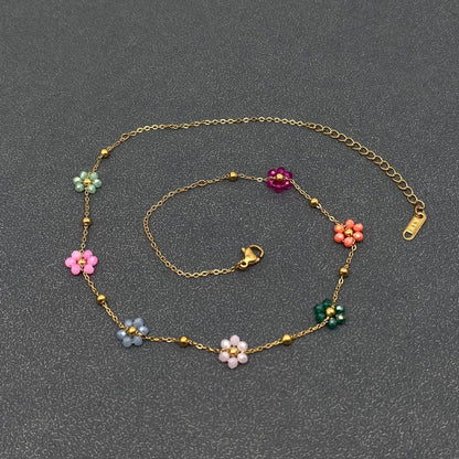 7 Color Glass Beaded Flowers 18K Gold Plated SS Necklace-FGS