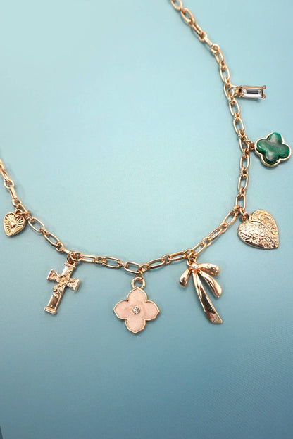CHARM NECKLACE-GREEN CLOVER BOW CROSS HEART | 80N91991