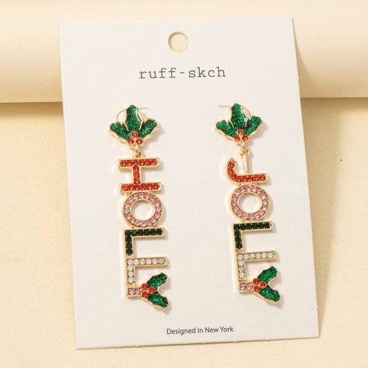 Christmas Jolly Holly Glitter And Studs Dangle Earrings