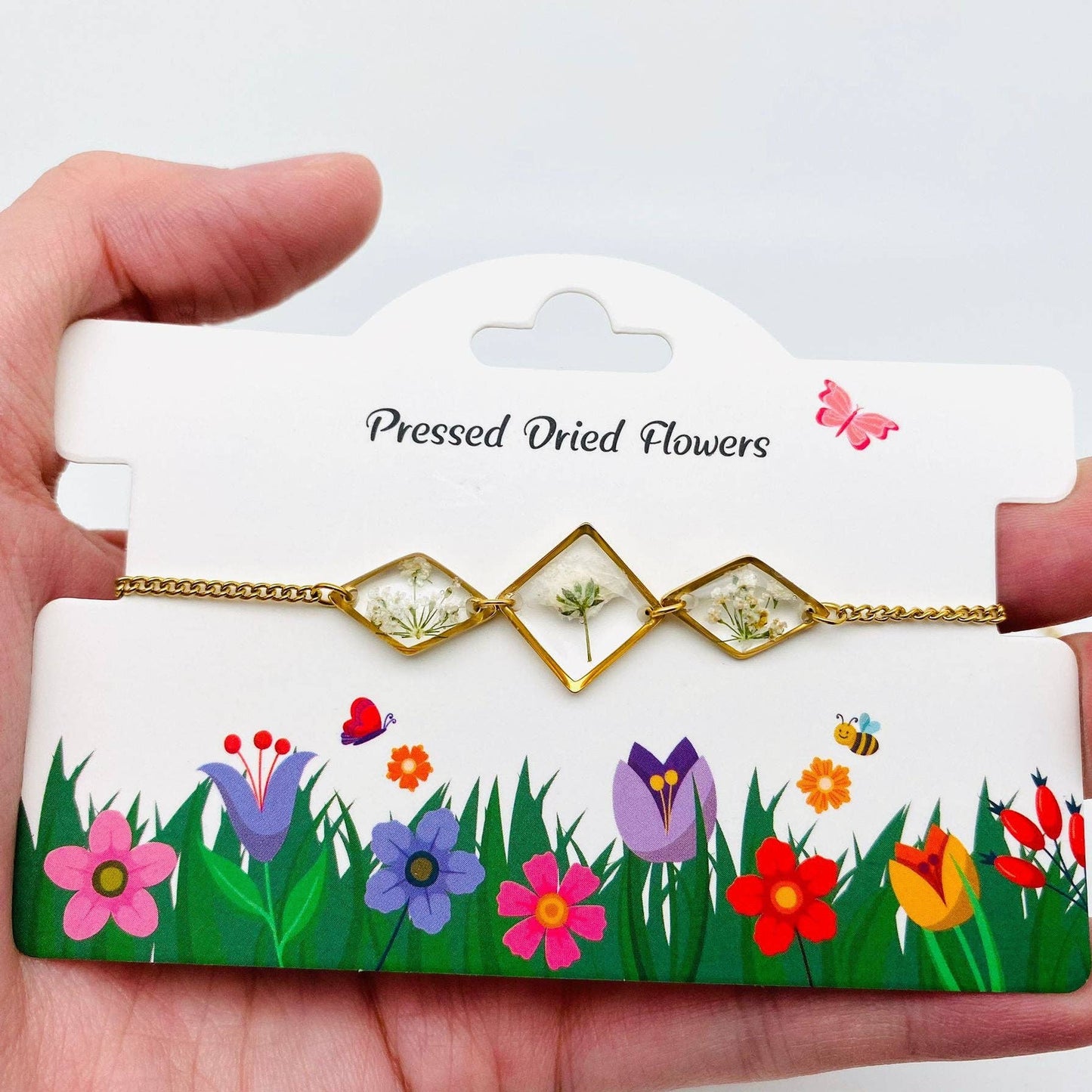 Dried Flowers Floral Geometric Charm Golden Bracelet - PDF