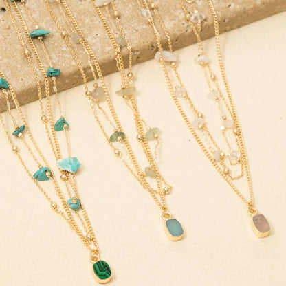 Mixed Chip Stones And Pendant Layered Chains Necklace