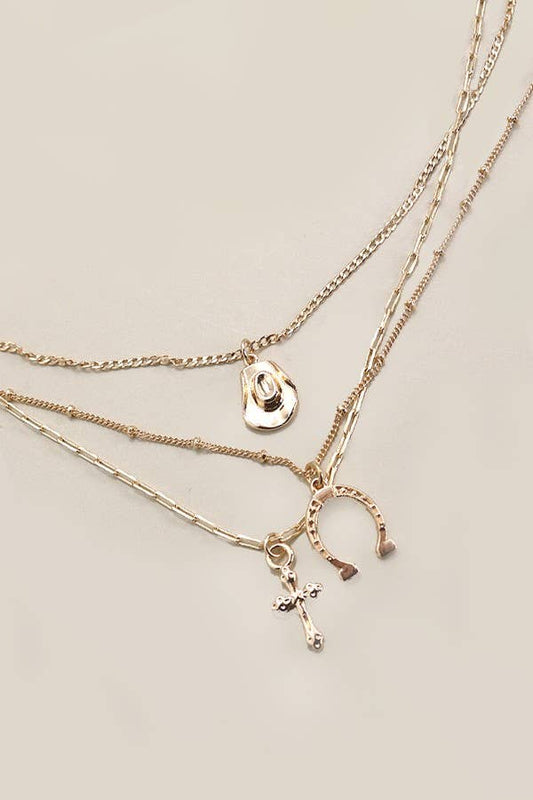 COLLAR DE TRES CAPAS CON CRUZ Y SOMBRERO DE HERRADURA | 80N436