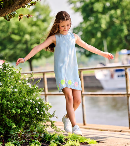Girls Soft Blue Tencel Embroidered Pinafore Dress- Hatley