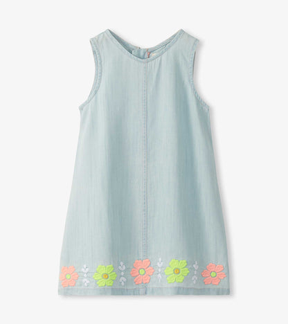 Girls Soft Blue Tencel Embroidered Pinafore Dress- Hatley