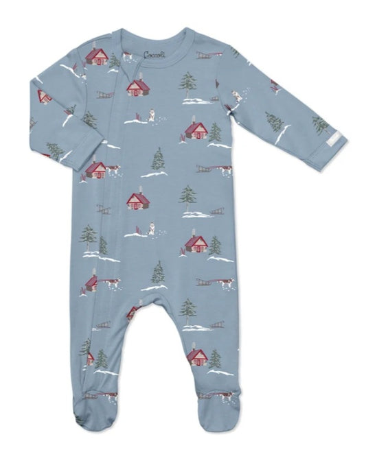 Coccoli: Chalet On Steel Blue Zipper Onesie